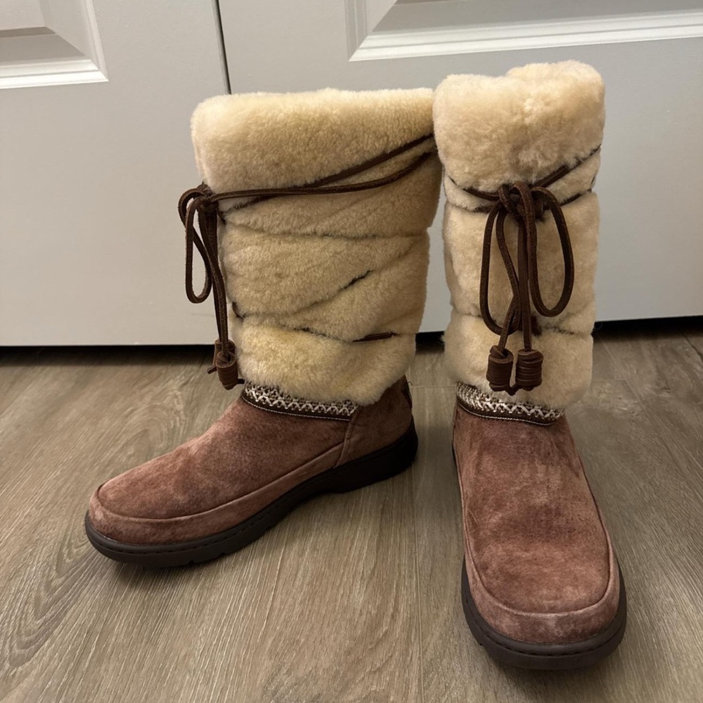 UGG Maxie Waterproof Suede and Shearling Boots - Brown and Cream - Picture 2 of 6